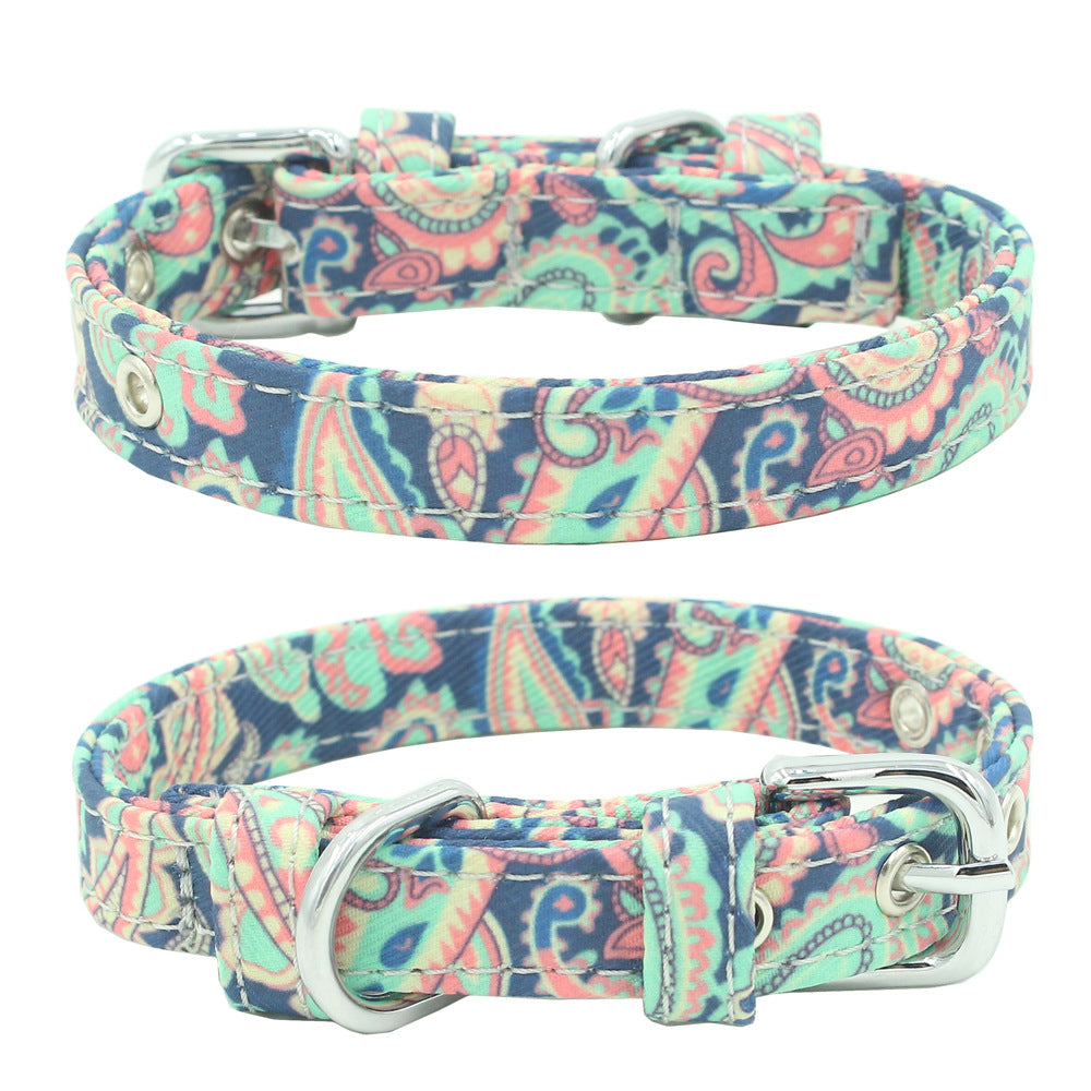 HKM-1365565 Colorful Double Layer Canvas Dog Collar with Traction Leash - Durable and Reflective
