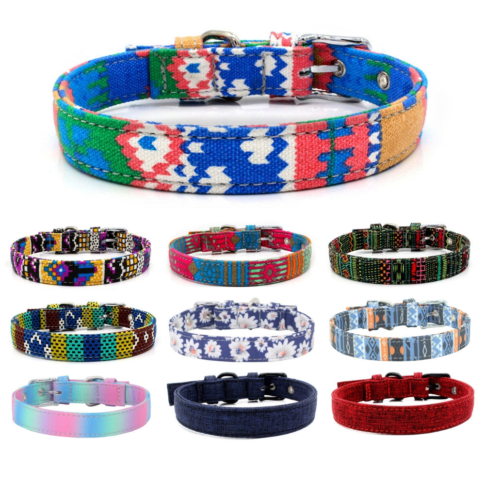 HKM-1365565 Colorful Double Layer Canvas Dog Collar with Traction Leash - Durable and Reflective