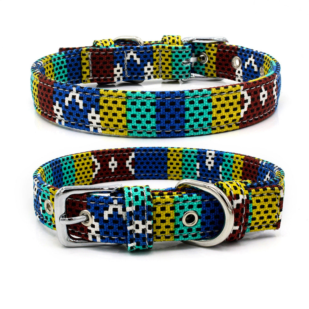 HKM-1365565 Colorful Double Layer Canvas Dog Collar with Traction Leash - Durable and Reflective