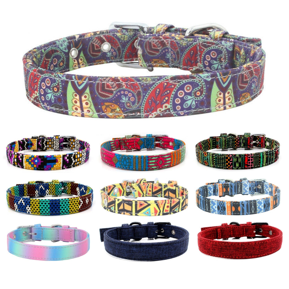 HKM-1365565 Colorful Double Layer Canvas Dog Collar with Traction Leash - Durable and Reflective
