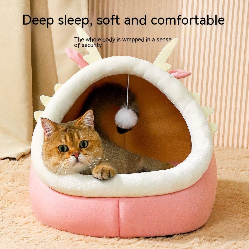 HKM-1365821 Cozy Semi-Enclosed Cat Nest for Winter Warmth - Available in Pink, Gray, and Green