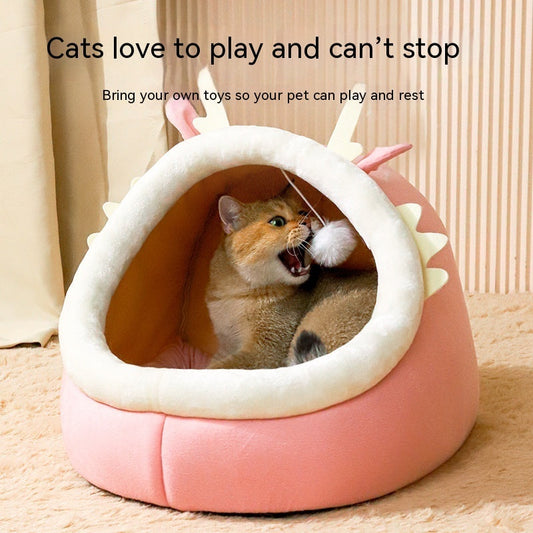 HKM-1365821 Cozy Semi-Enclosed Cat Nest for Winter Warmth - Available in Pink, Gray, and Green