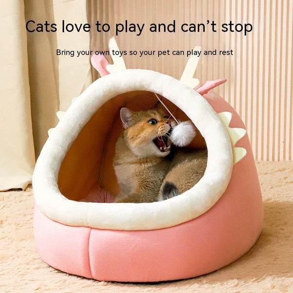 HKM-1365821 Cozy Semi-Enclosed Cat Nest for Winter Warmth - Available in Pink, Gray, and Green