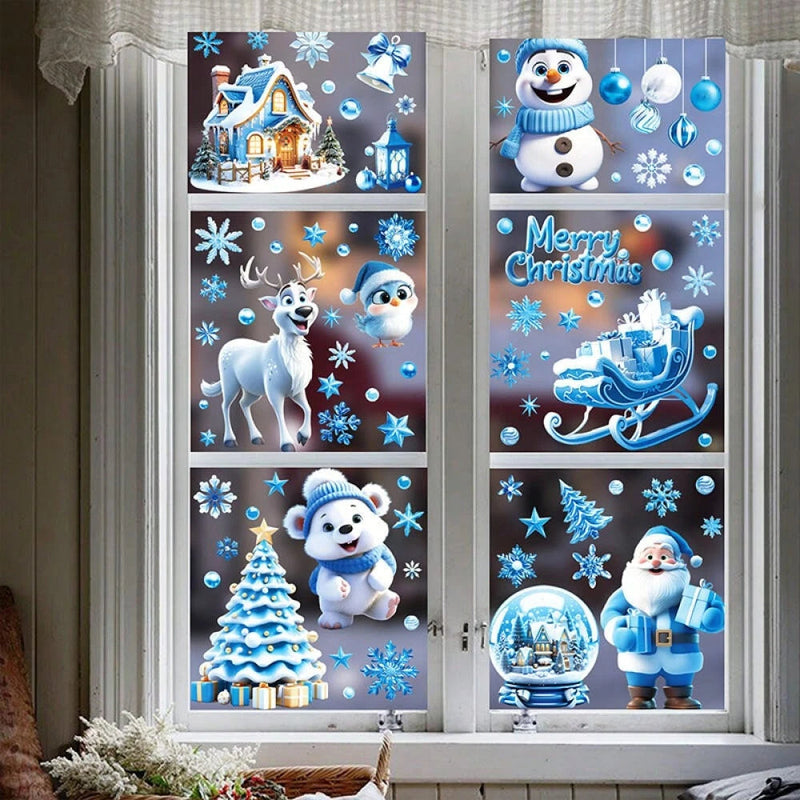 HKM-136595 Double-Sided Christmas Window Stickers featuring Blue Gnome and Snowflakes – 9 Sheets of PVC Self-Adhesive Decor for Indoor and Garden Use