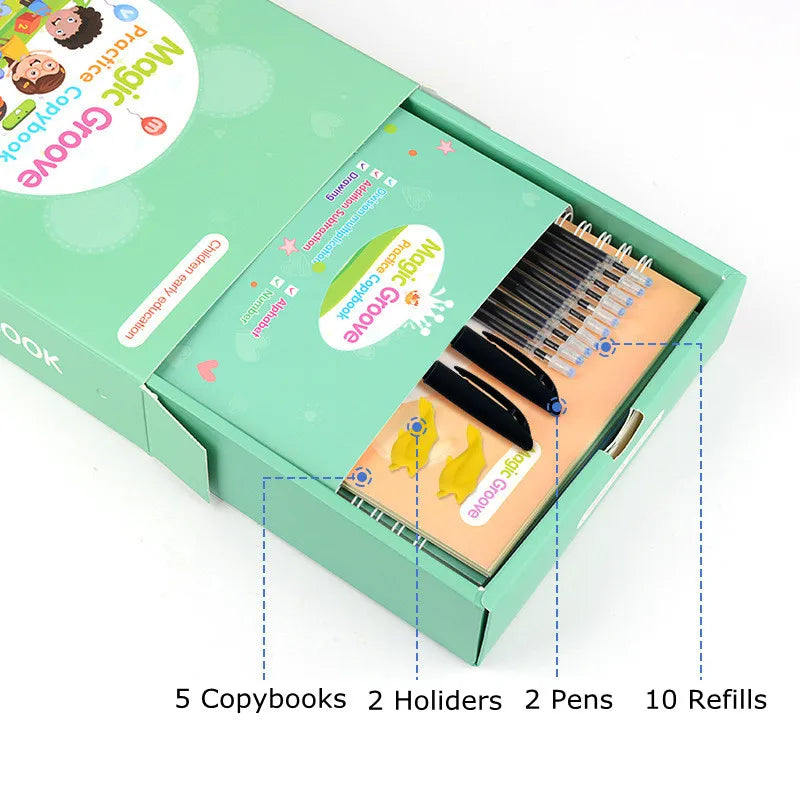HKM-136595 Reusable Handwriting Practice Copybook for Kids - 5 Set Grooved Workbooks
