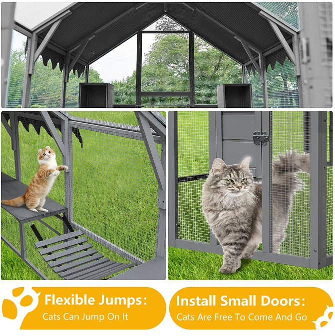 HKM-1367357 Large Outdoor Cat House and Cat Fence with Upgraded Waterproof Cover - Gray