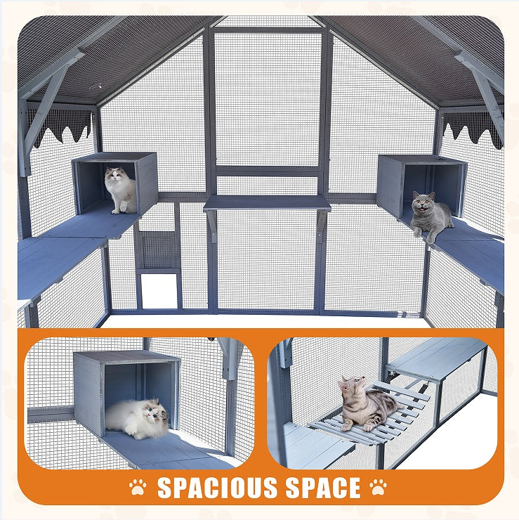 HKM-1367357 Large Outdoor Cat House and Cat Fence with Upgraded Waterproof Cover - Gray
