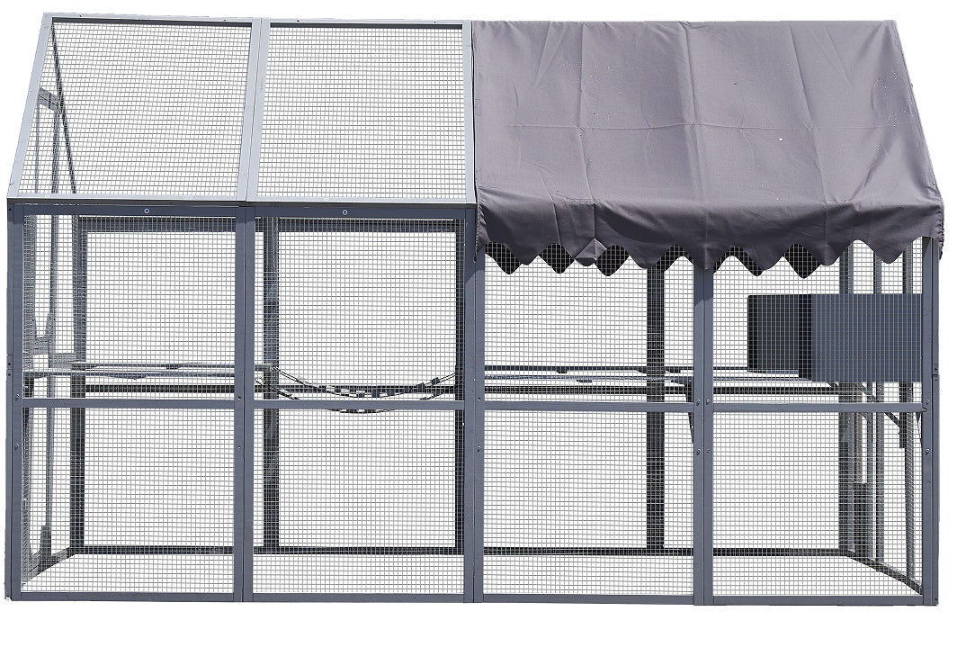 HKM-1367357 Large Outdoor Cat House and Cat Fence with Upgraded Waterproof Cover - Gray