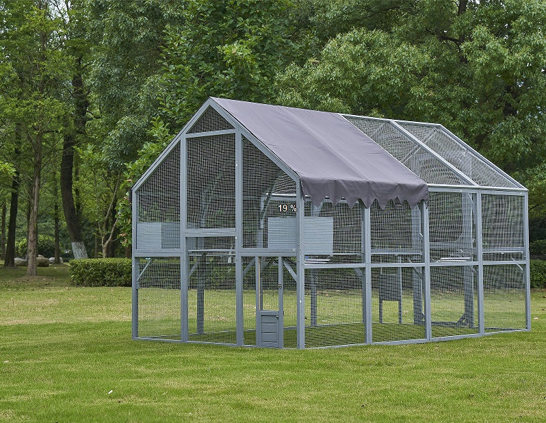 HKM-1367357 Large Outdoor Cat House and Cat Fence with Upgraded Waterproof Cover - Gray