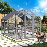 HKM-1367357 Large Outdoor Cat House and Cat Fence with Upgraded Waterproof Cover - Gray