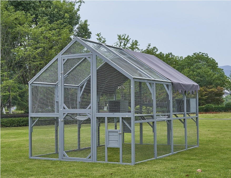 HKM-1367357 Large Outdoor Cat House and Cat Fence with Upgraded Waterproof Cover - Gray