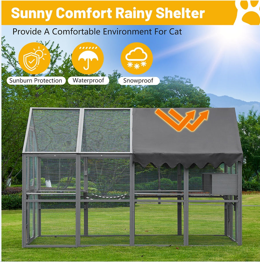 HKM-1367357 Large Outdoor Cat House and Cat Fence with Upgraded Waterproof Cover - Gray