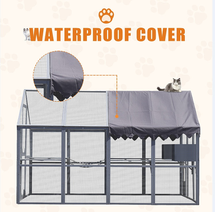HKM-1367357 Large Outdoor Cat House and Cat Fence with Upgraded Waterproof Cover - Gray