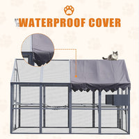 HKM-1367357 Large Outdoor Cat House and Cat Fence with Upgraded Waterproof Cover - Gray