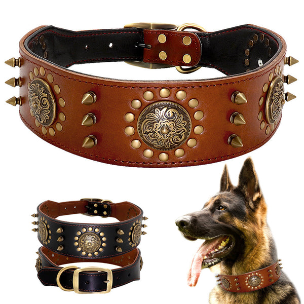 HKM-1367741 Durable Brown Leather Studded Dog Collar for Medium to Large Breeds