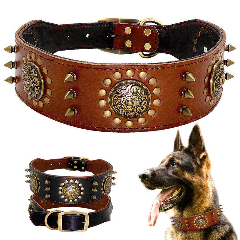 HKM-1367741 Durable Brown Leather Studded Dog Collar for Medium to Large Breeds