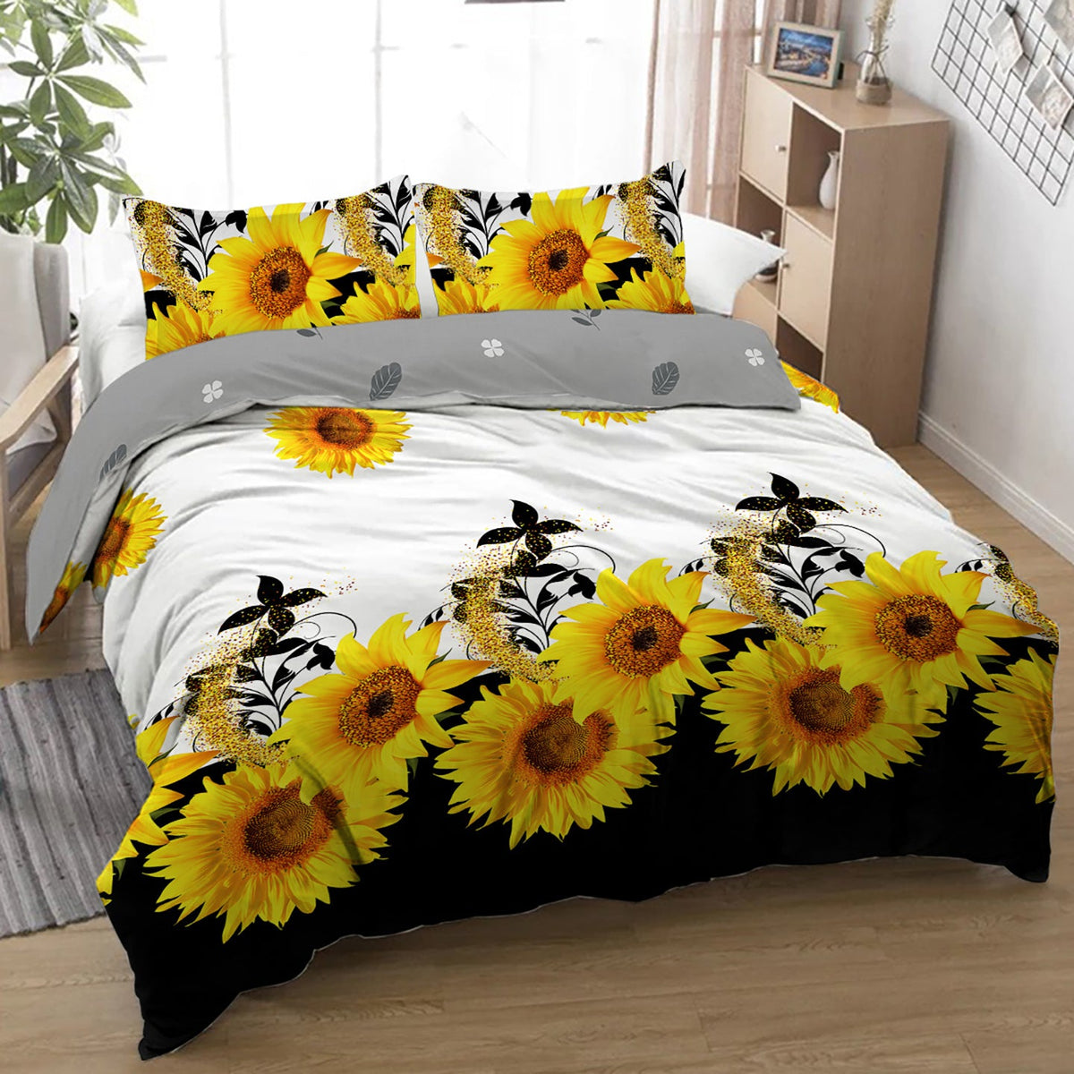 HKM-136787 Sunflower Microfiber Duvet Cover Set with Pillow Shams - Available in Twin, Full, Queen, King Sizes