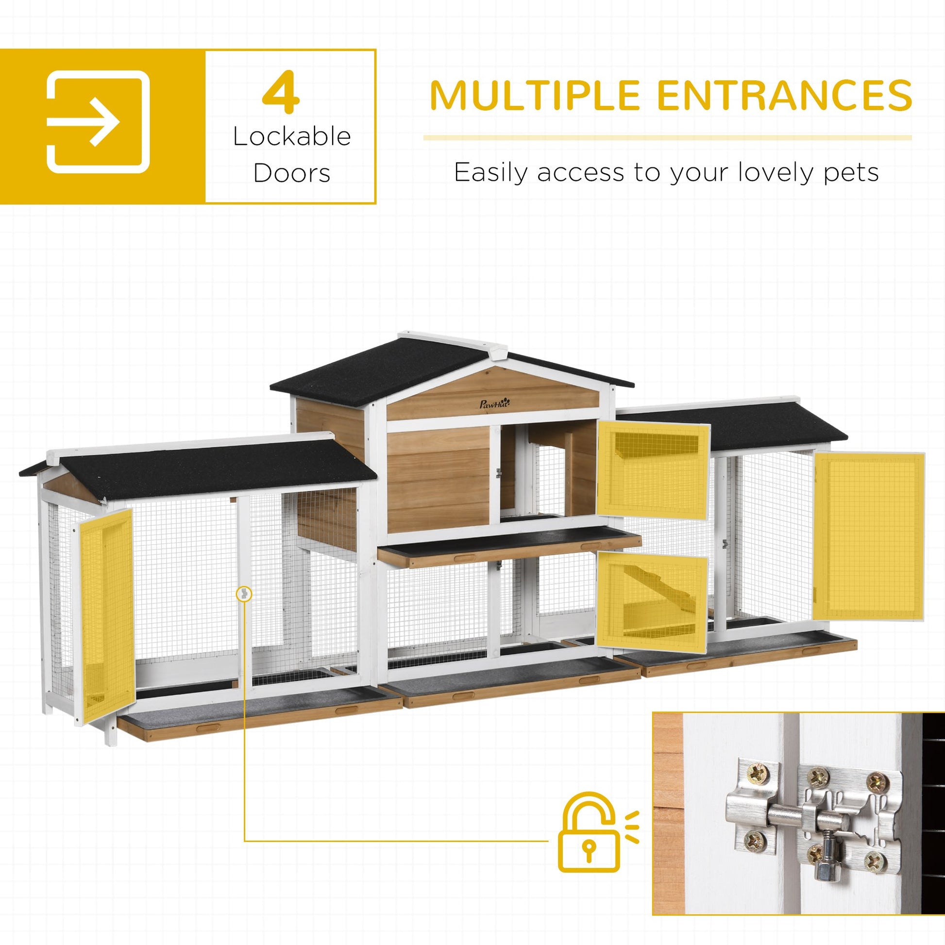 HKM-1375165 Wooden Rabbit Hutch with Double-Sided Run, Removable Trays, and Ramp for Small Pets - White Finish