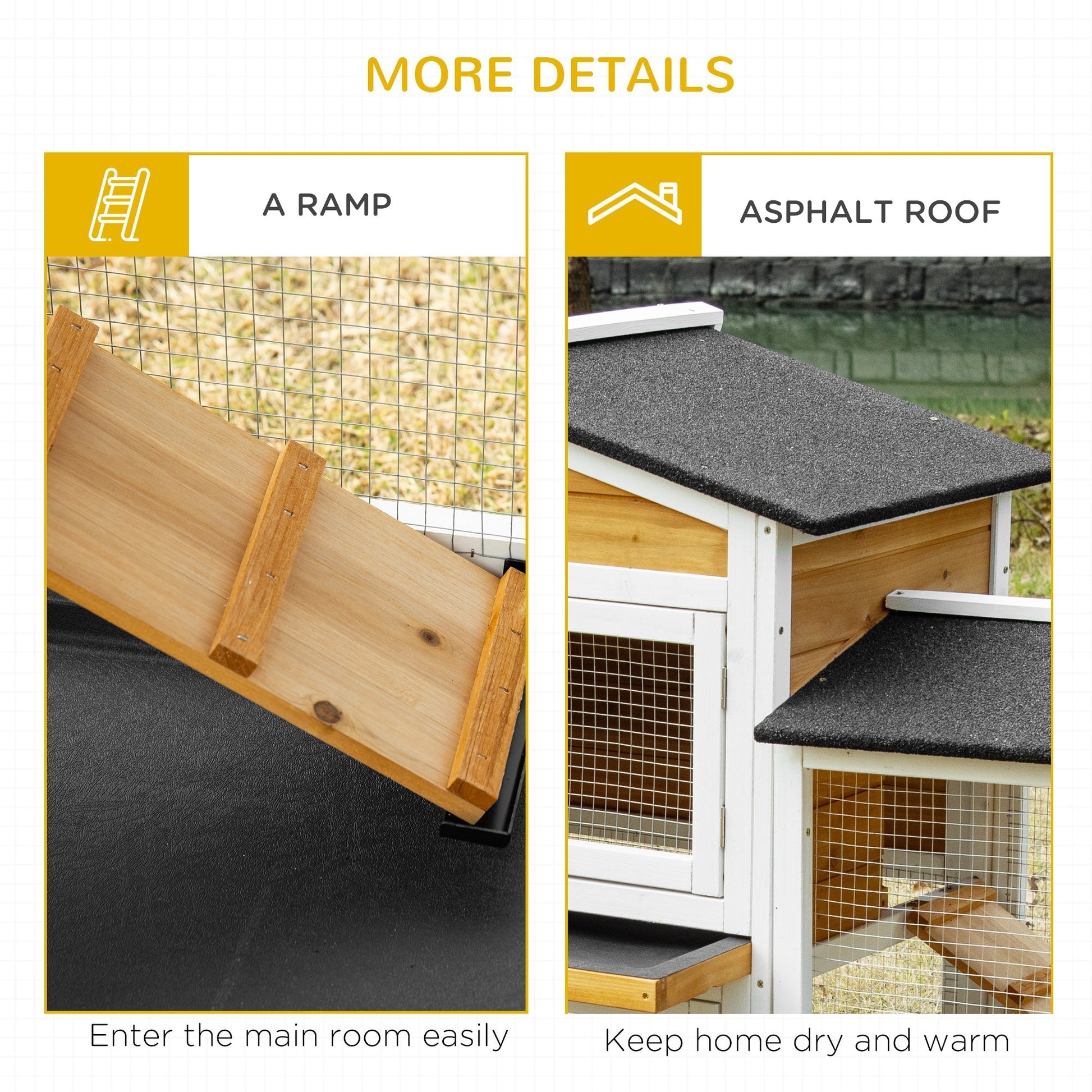 HKM-1375165 Wooden Rabbit Hutch with Double-Sided Run, Removable Trays, and Ramp for Small Pets - White Finish