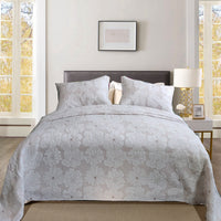 HKM-137619 Cotton Thickened White and Beige Camellia Embroidery Three-Piece Bedcover Set
