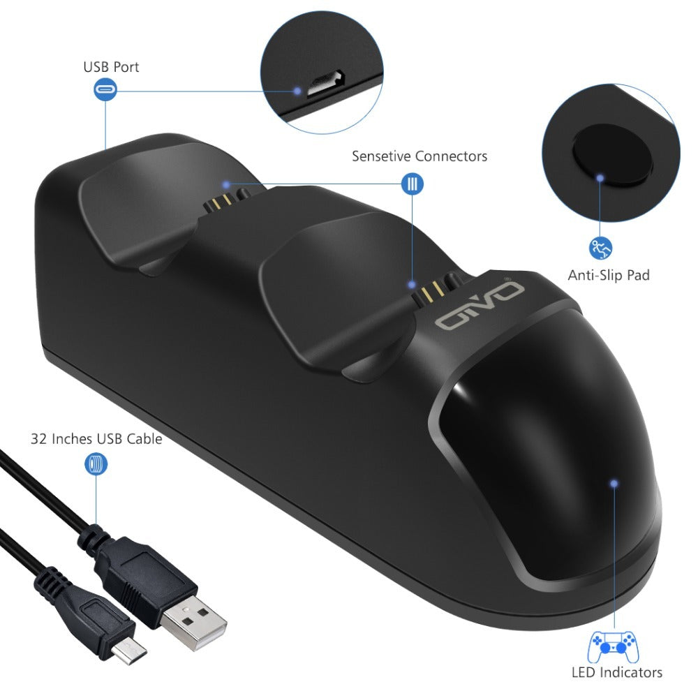 HKM-137683 Dual Charging Dock for PS4 Controllers - Simultaneous Charging with LED Indicator, Compatible with Standard DC5V Power Sources