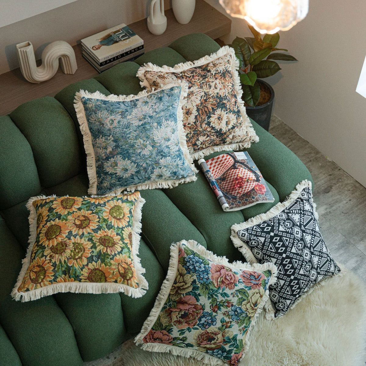 HKM-137747 Jacquard Multicolor Floral and Plant Throw Pillow Cases - 60x60cm & 45x45cm, Polyester with Tassels