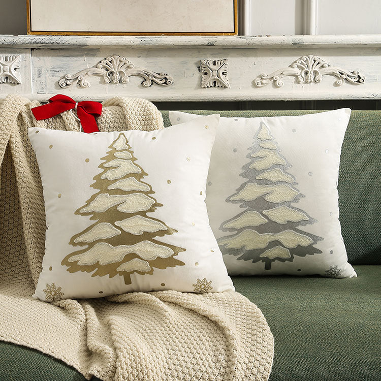 HKM-138003 Embroidered Christmas Tree Pillowcase in Golden and Silver, 45x45 cm Short Plush