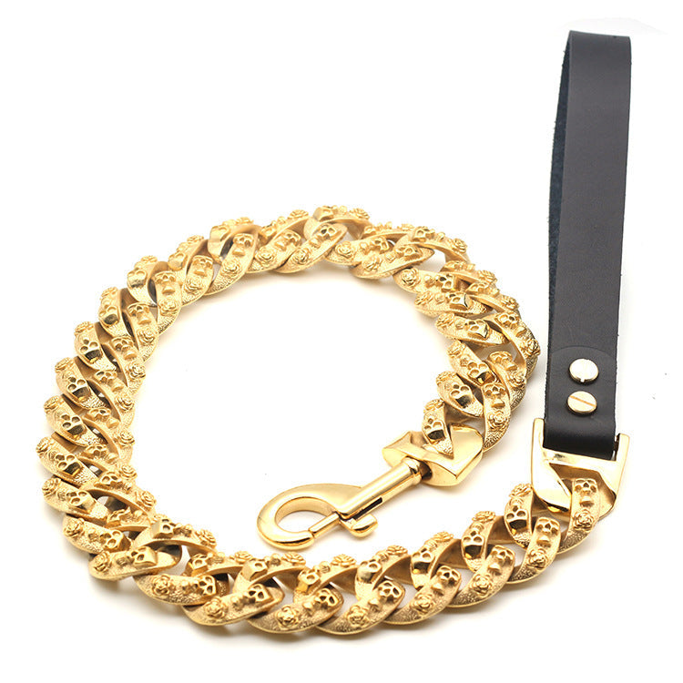 HKM-1381053 Golden Stainless Steel Leather Dog Leash 80cm for Durable Comfort and Style