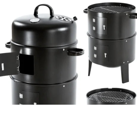 HKM-138131 3-in-1 Vertical Charcoal Smoker and Barbecue Grill, Smokeless Barrel Design