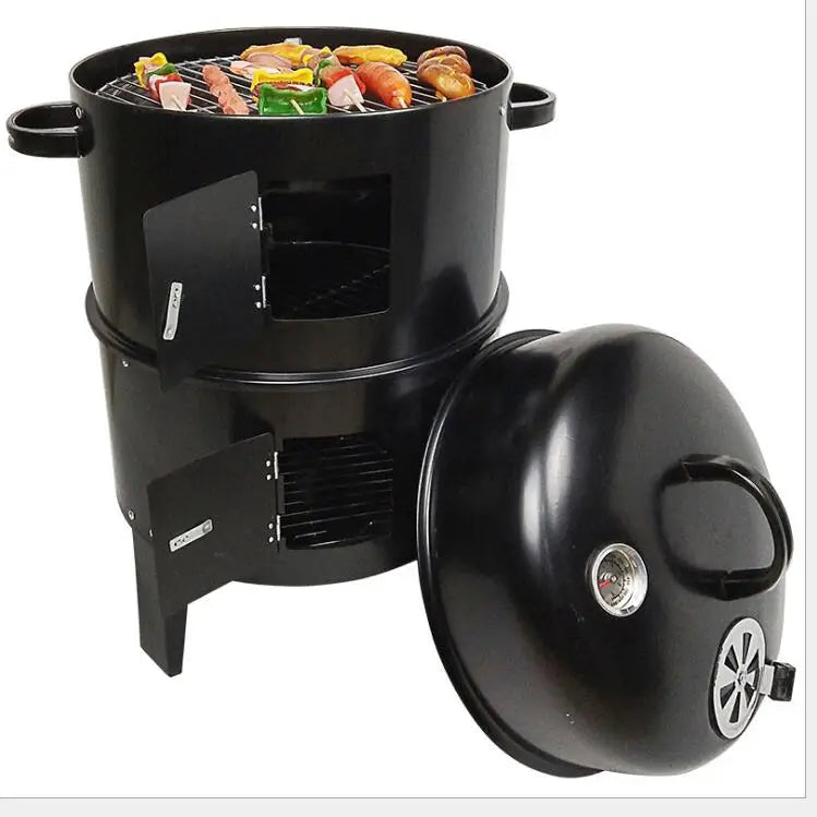 HKM-138131 3-in-1 Vertical Charcoal Smoker and Barbecue Grill, Smokeless Barrel Design