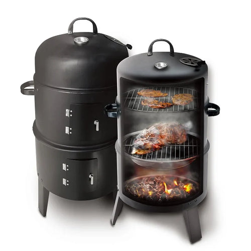 HKM-138131 3-in-1 Vertical Charcoal Smoker and Barbecue Grill, Smokeless Barrel Design