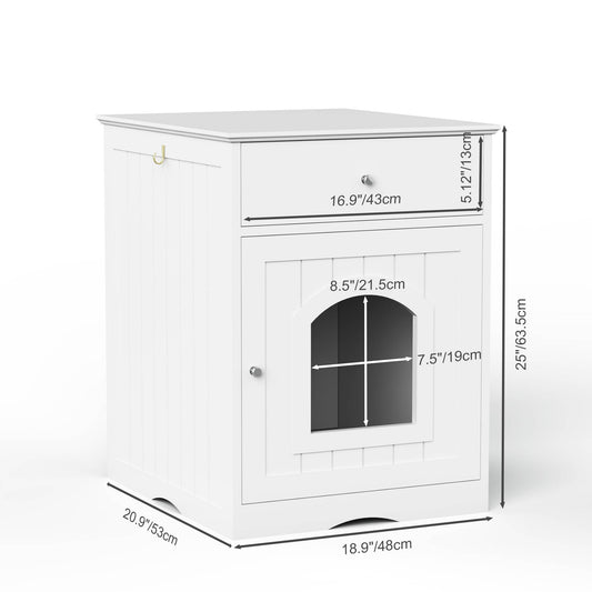 HKM-1396413 Wooden Cat Litter Box Enclosure with Drawer – Indoor Pet House and Nightstand in White