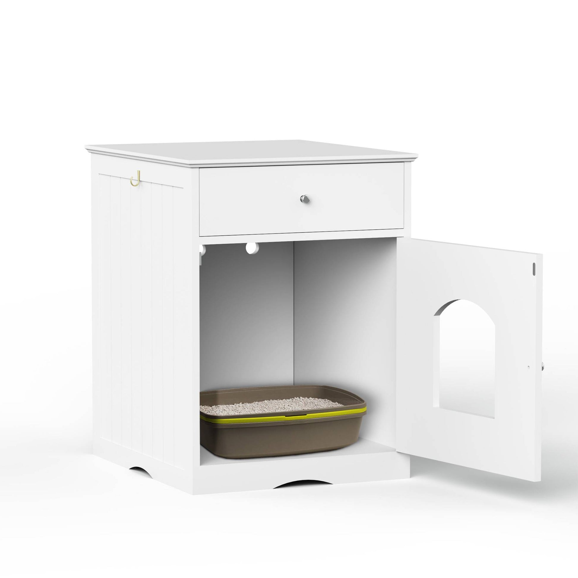 HKM-1396413 Wooden Cat Litter Box Enclosure with Drawer – Indoor Pet House and Nightstand in White