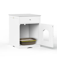 HKM-1396413 Wooden Cat Litter Box Enclosure with Drawer – Indoor Pet House and Nightstand in White