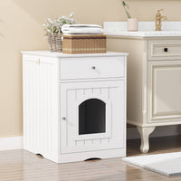 HKM-1396413 Wooden Cat Litter Box Enclosure with Drawer – Indoor Pet House and Nightstand in White