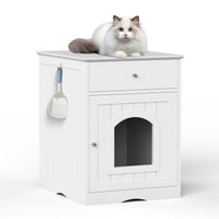 HKM-1396413 Wooden Cat Litter Box Enclosure with Drawer – Indoor Pet House and Nightstand in White