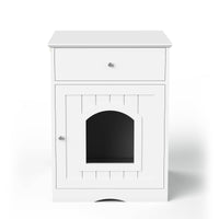 HKM-1396413 Wooden Cat Litter Box Enclosure with Drawer – Indoor Pet House and Nightstand in White