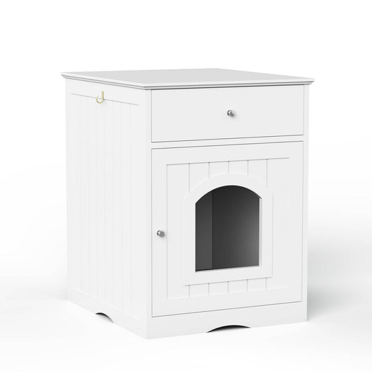 HKM-1396413 Wooden Cat Litter Box Enclosure with Drawer – Indoor Pet House and Nightstand in White