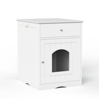 HKM-1396413 Wooden Cat Litter Box Enclosure with Drawer – Indoor Pet House and Nightstand in White