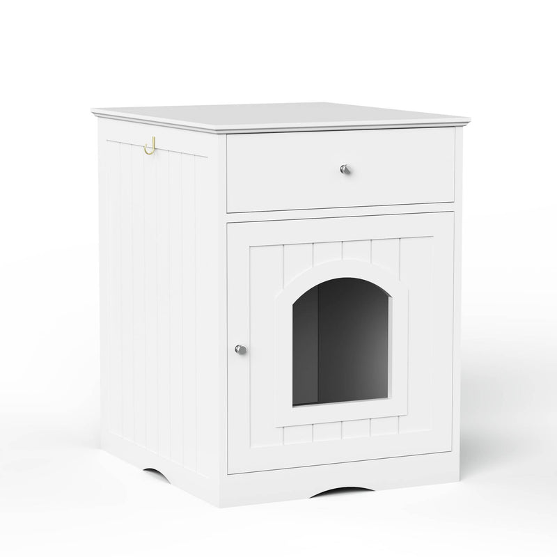 HKM-1396413 Wooden Cat Litter Box Enclosure with Drawer – Indoor Pet House and Nightstand in White