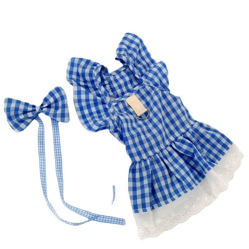 HKM-1397309 Plaid Lace Dog Skirt with Fly Shoulder Sleeve in Yellow, Pink, and Blue - Sizes XS to XL