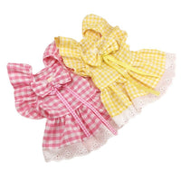 HKM-1397309 Plaid Lace Dog Skirt with Fly Shoulder Sleeve in Yellow, Pink, and Blue - Sizes XS to XL