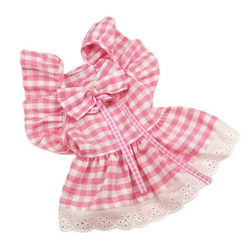 HKM-1397309 Plaid Lace Dog Skirt with Fly Shoulder Sleeve in Yellow, Pink, and Blue - Sizes XS to XL