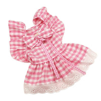 HKM-1397309 Plaid Lace Dog Skirt with Fly Shoulder Sleeve in Yellow, Pink, and Blue - Sizes XS to XL