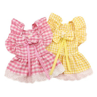 HKM-1397309 Plaid Lace Dog Skirt with Fly Shoulder Sleeve in Yellow, Pink, and Blue - Sizes XS to XL