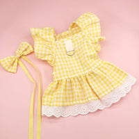 HKM-1397309 Plaid Lace Dog Skirt with Fly Shoulder Sleeve in Yellow, Pink, and Blue - Sizes XS to XL