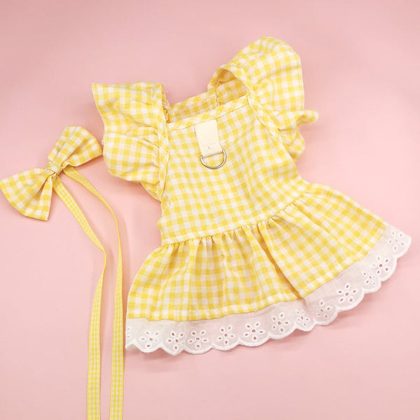 HKM-1397309 Plaid Lace Dog Skirt with Fly Shoulder Sleeve in Yellow, Pink, and Blue - Sizes XS to XL