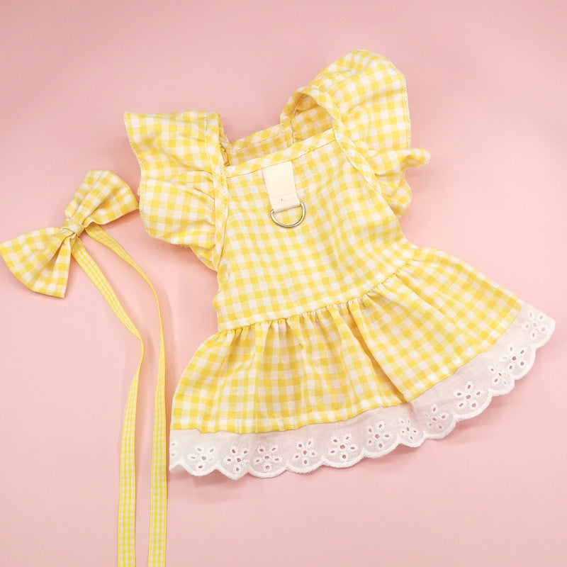 HKM-1397309 Plaid Lace Dog Skirt with Fly Shoulder Sleeve in Yellow, Pink, and Blue - Sizes XS to XL