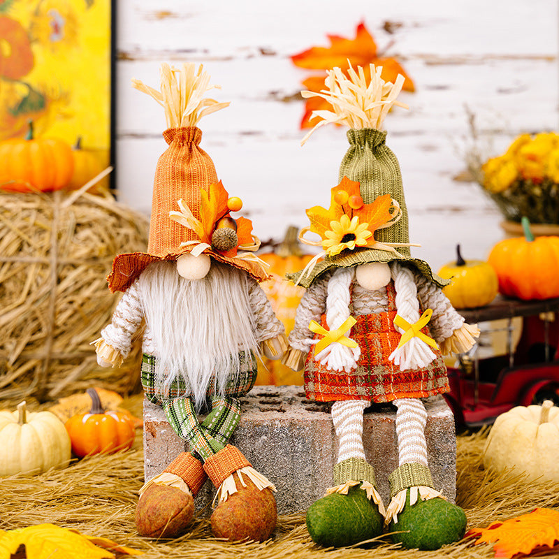 HKM-139731 Harvest Season Maple Leaf Straw Hat Hanging Dwarf Doll for Thanksgiving Decor