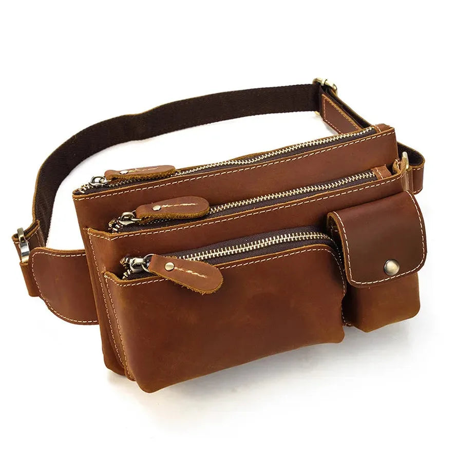 HKM-139795 Retro Crazy Horse Leather Chest Bag - Men's Lightweight Waterproof Messenger Bag in Ranger Tan
